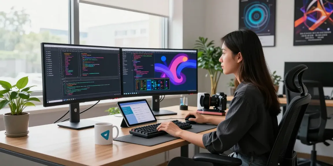 Developer showcasing 纸飞机中文版 in a vibrant tech workspace with multiple monitors and coding apps.