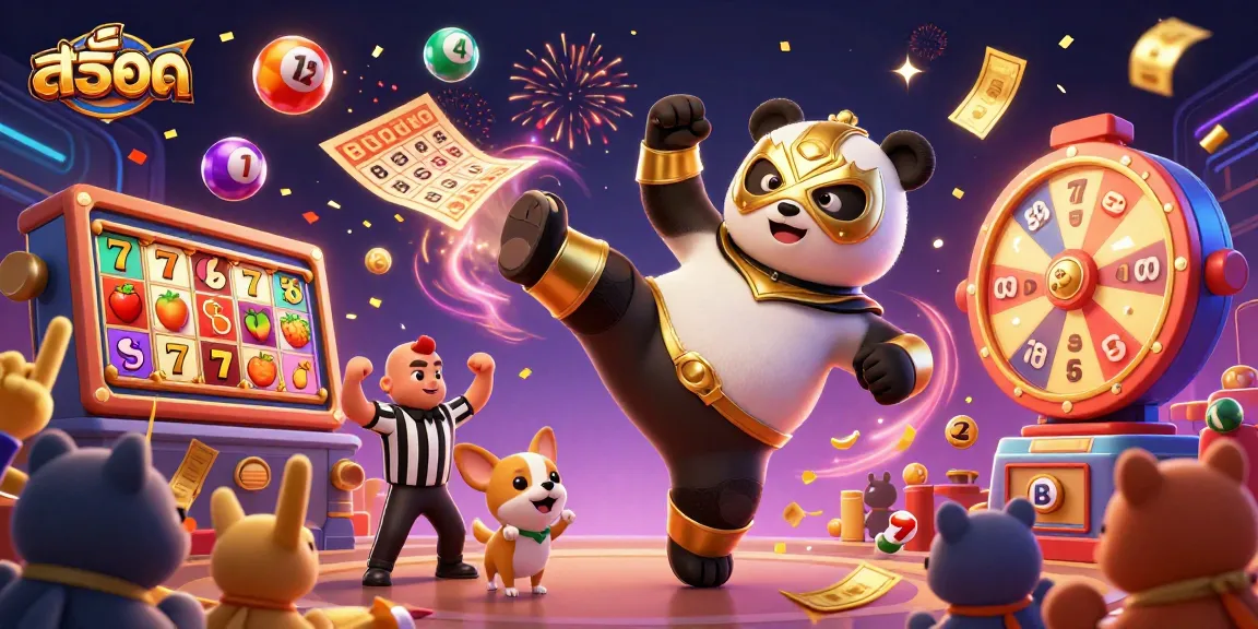 Engaging illustration of a panda in a golden lucha libre mask showcasing สล็อต with colorful bingo and lottery elements.