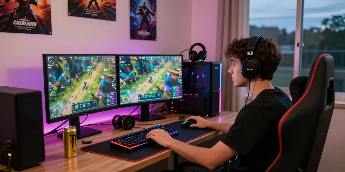 A gamer enjoying an immersive experience with ai gf in a vibrant gaming setup, monitors displaying colorful gameplay.
