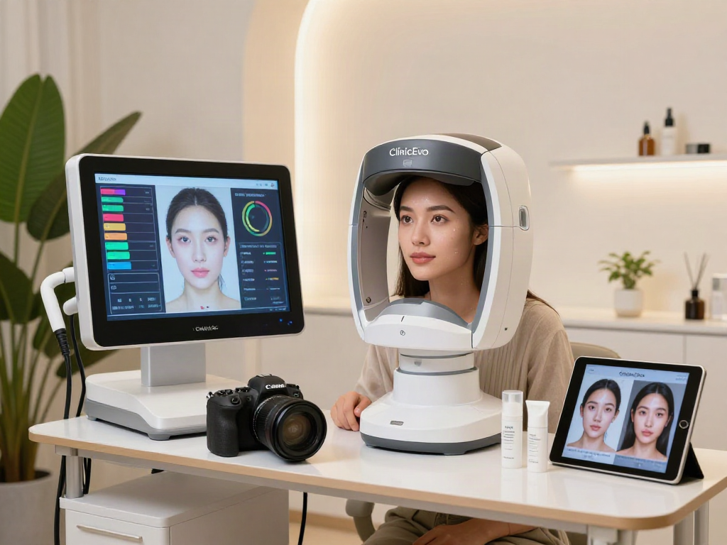 ClinicEvo better than QOVES displayed in a facial analysis studio with advanced technology and user empowerment.