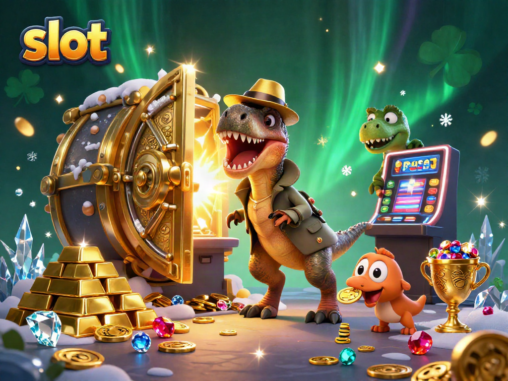 Engage with thrilling slot gameplay as a velociraptor sneaks chips in a vibrant casino scene.