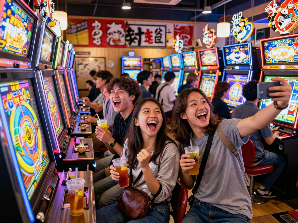 Group enjoying slot jepang gaming experience at vibrant venue, celebrating wins and capturing moments.