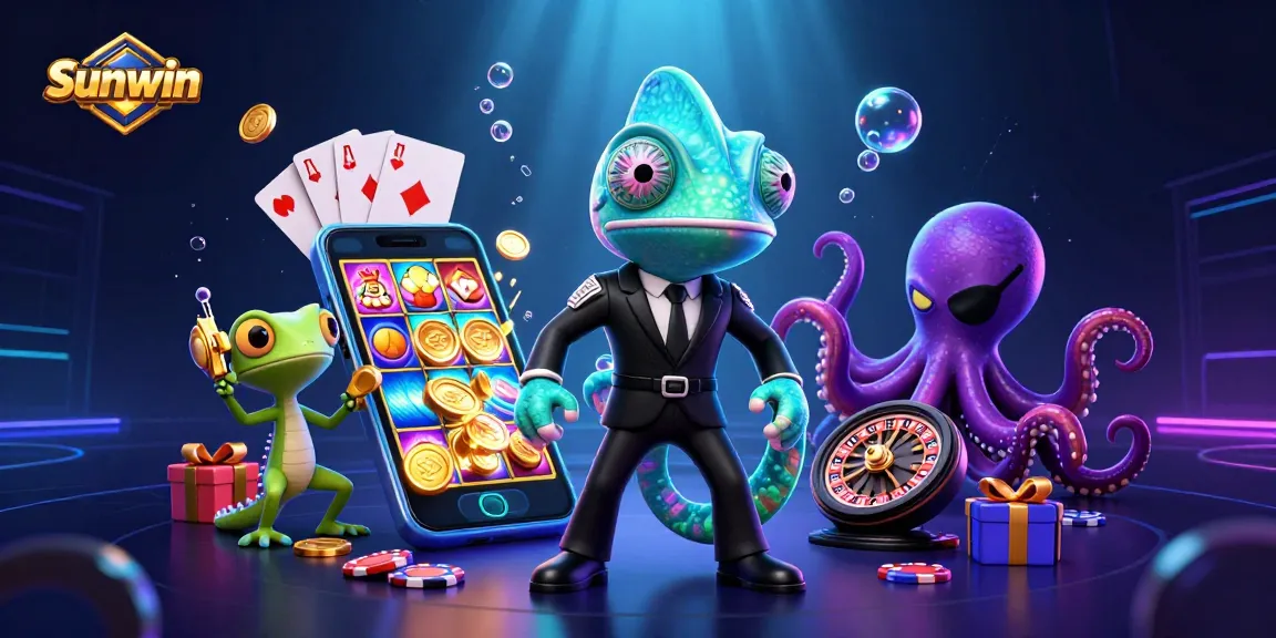 Play vibrant slots with Sunwin featuring a dynamic scene of animated casino elements.