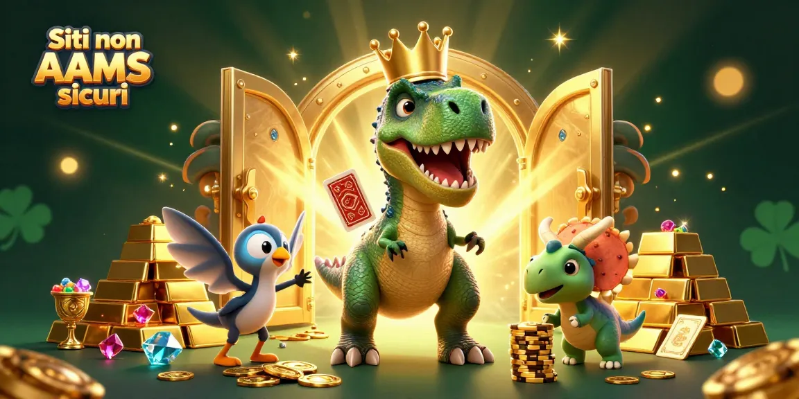 Visualizza i Siti non AAMS sicuri con un T-Rex che gioca a carte e un triceratops che impila fiches d'oro.