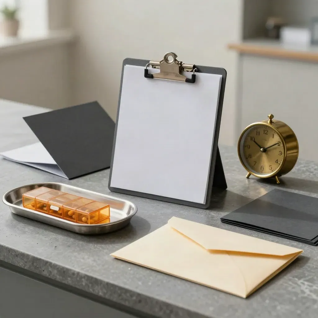 Graphite clipboard, pill organizer, brass clock and folders on sage-grey stone in a clinic still life.