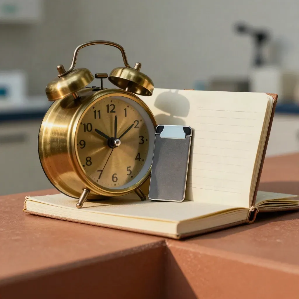 Brass alarm clock, closed notebook and card holder on a terracotta clinic ledge.