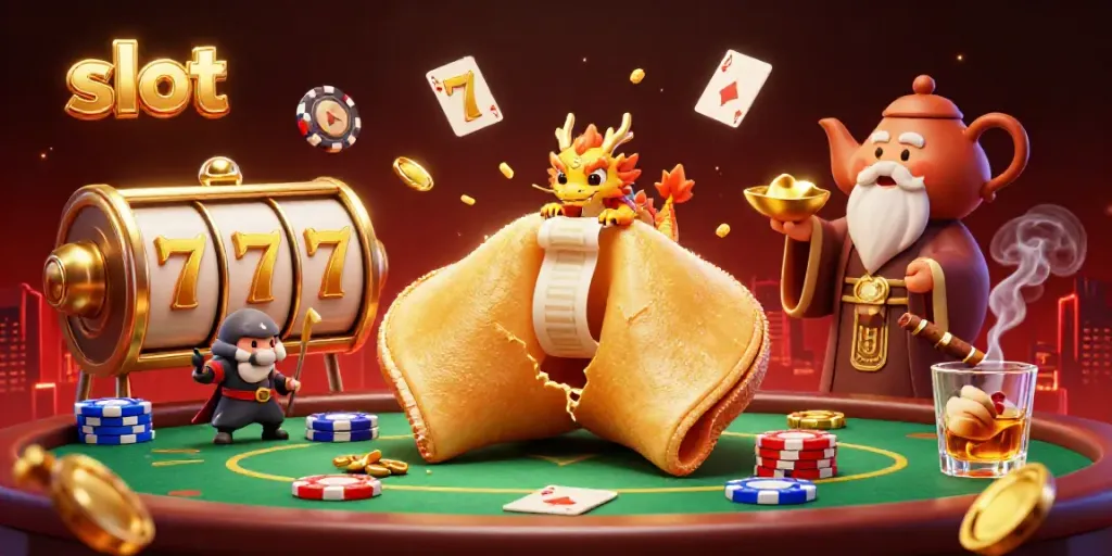 Menangkan permainan slot dengan gambar kartun 3D dari kue keberuntungan emas dan naga bijak.