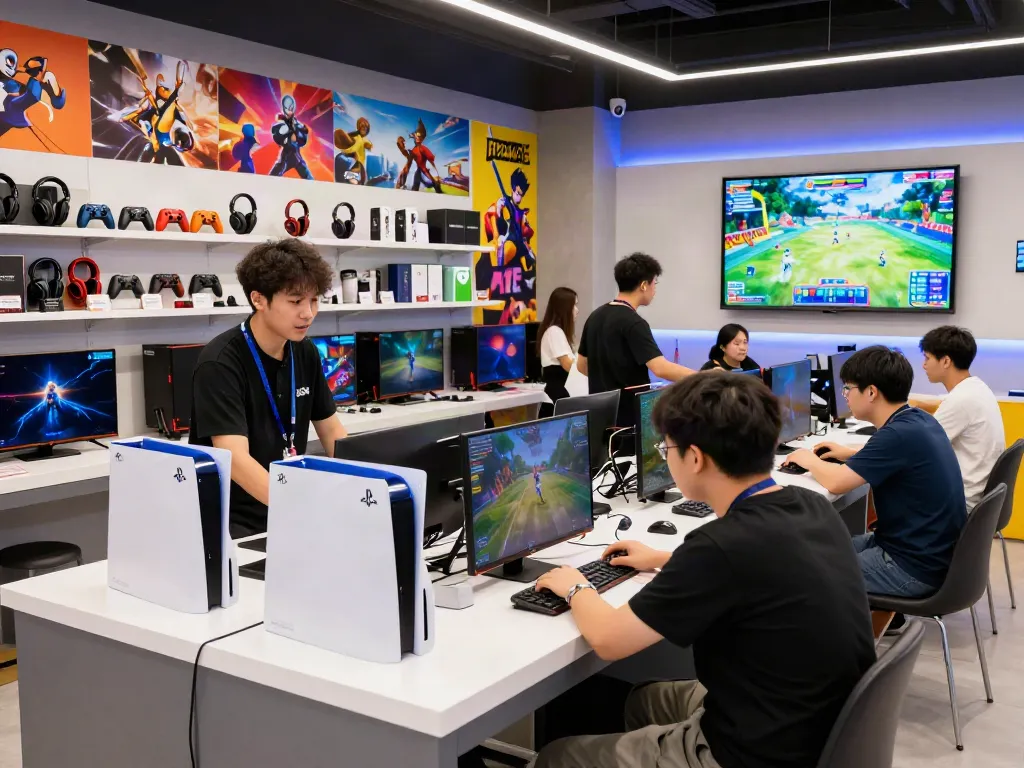 rokok88 gaming store with customers engaging and latest consoles displayed