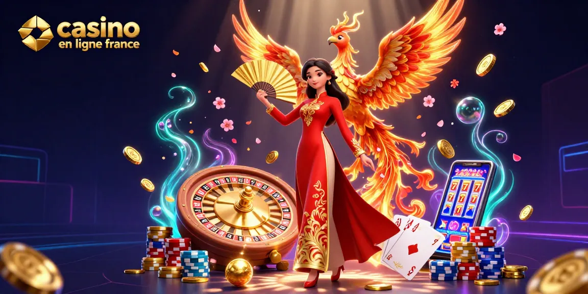 Participez à un gameplay palpitant au casino en ligne France avec une illustration 3D vibrante présentant des cartes, des pièces et un phénix.