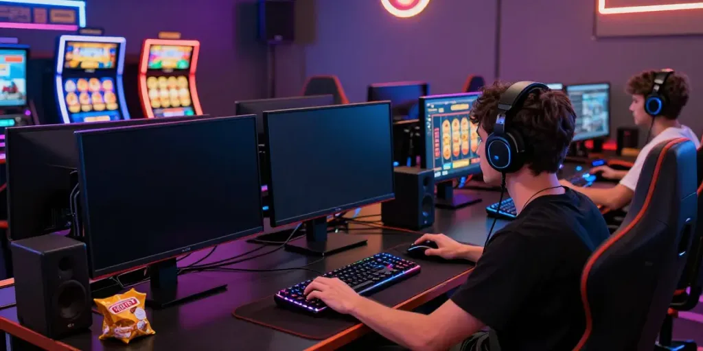 A player enjoying online slot games with colorful virtual reels and gaming accessories.