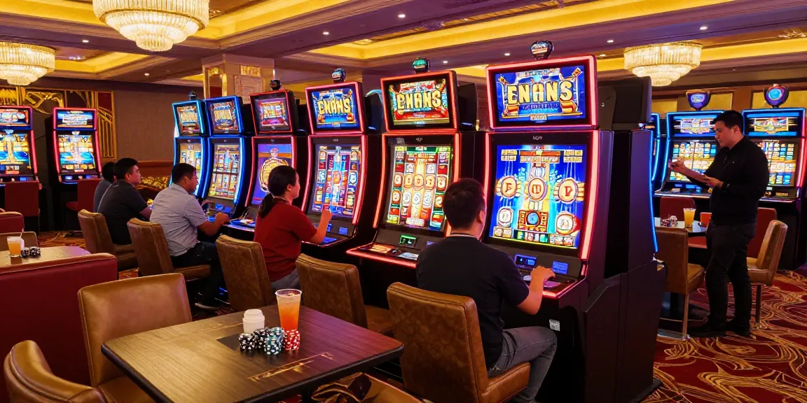 Pengunjung kasino sedang bermain slot dengan penuh semangat di area permainan yang cerah.