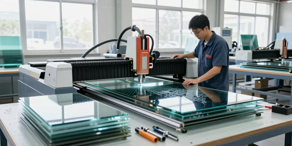 Technician operating a cnc glass cutting machine in a modern glass processing facility, crafting precise cuts on glass sheets.