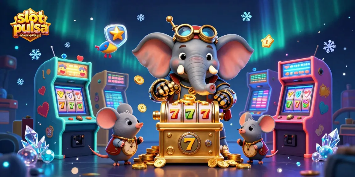Engage with slot pulsa tanpa potongan in a rich environment of vibrant characters, busy slot machines, and gleaming casino elements.