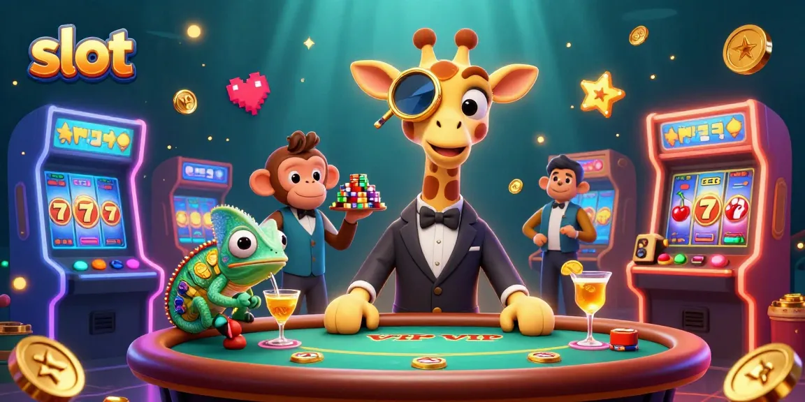 Bermain slot dengan jerapah, monyet, dan bunglon di kasino virtual.