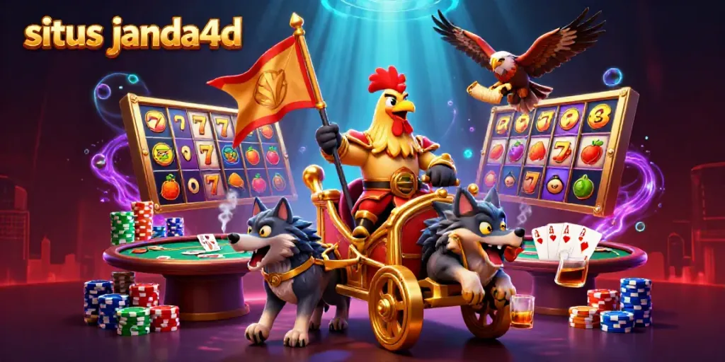 Berbagai elemen permainan yang menarik di situs janda4d, termasuk chariot emas dan poker chips yang mewah