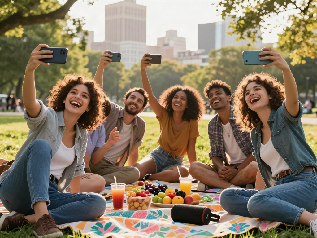Friends laughing and using an app to determine how old do I look amidst a sunny park setting.