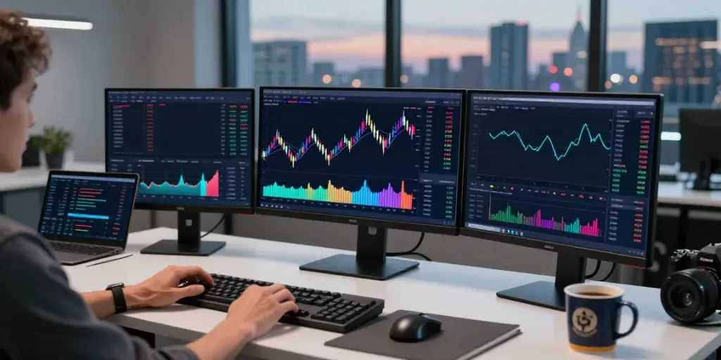 Real-time forex API integration, analyzing 外汇实时汇率接口 on multiple trading monitors with technical indicators and candlestick charts.