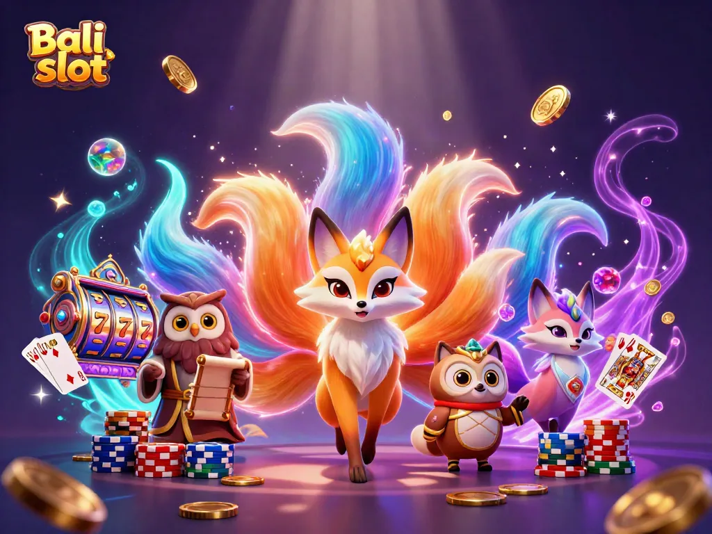 Experience the excitement of Bali slot with a vibrant 3D scene showcasing a glowing fox spirit, wise owl, and colorful gambling elements.