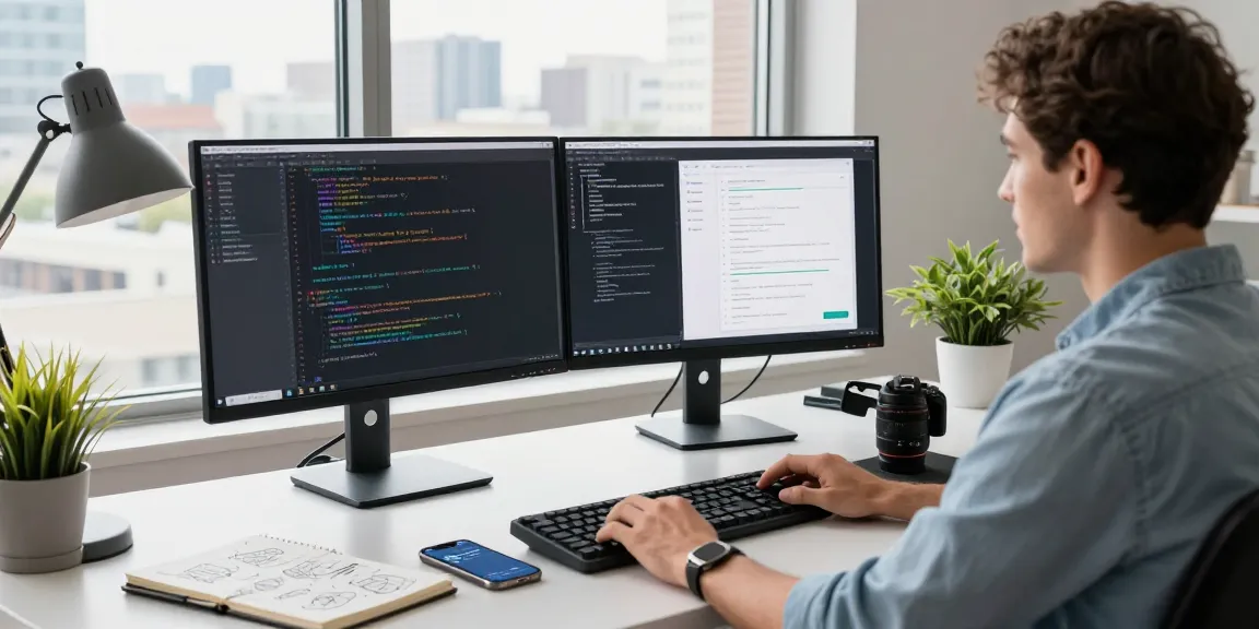 Powerful tech workspace for developers, showcasing coding with monitors and productivity tools for teiegramin.com.