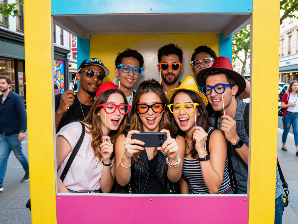 Group of friends enjoying a photo booth experience, exploring who they look like celebrities.
