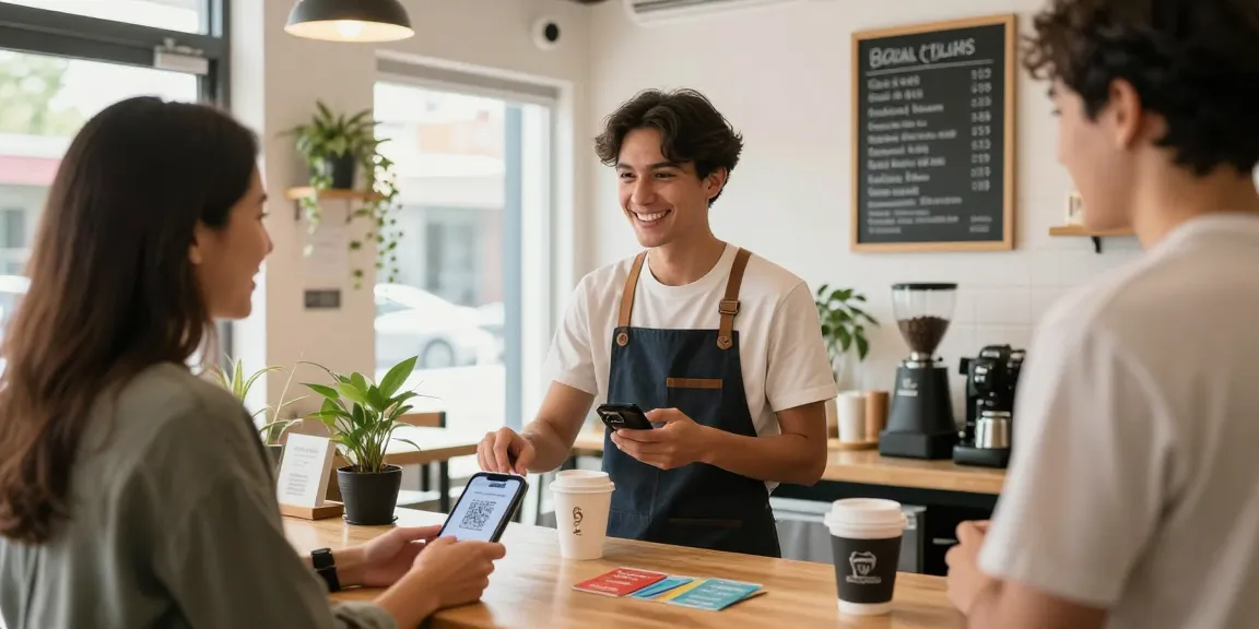 Engaging café scene demonstrating a loyalty program in action with a barista and customer interacting through QR scanning.