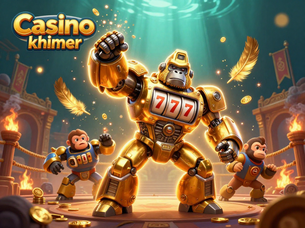 Experience Casino online khmer with exciting 3D action featuring a golden gorilla mech and vibrant ambiance.