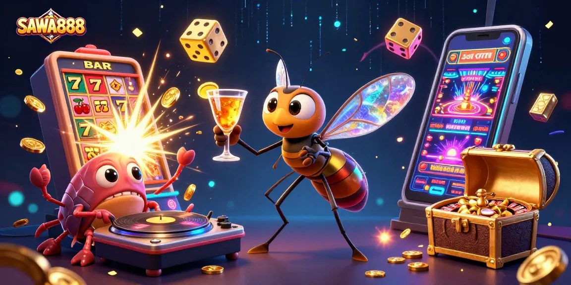 Experience thrilling gaming at SAWA888 with vibrant characters and exploding casino elements.