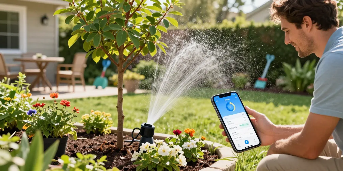 Smart sprinkler in use watering a vibrant garden while monitoring moisture levels on a smartphone app.