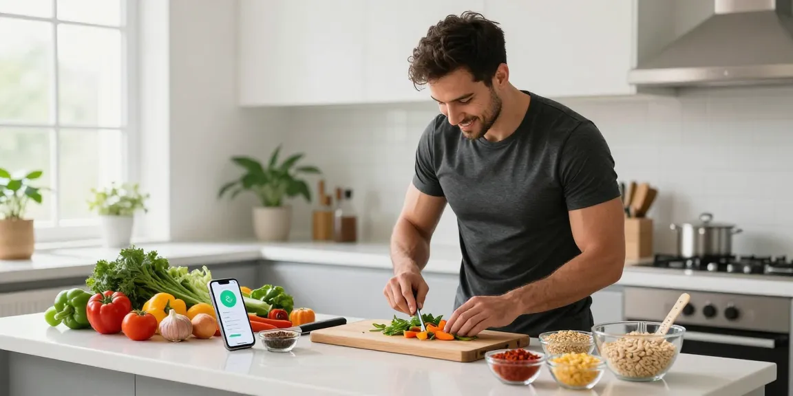 Engaging meal prep scene showcasing the best calorie tracker app in use with fresh ingredients.