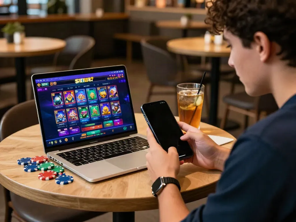 Pengalaman bermain situs slot yang menarik di kafe dengan smartphone dan laptop.
