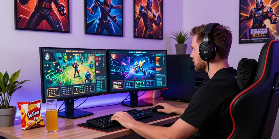 NAGA2000 LOGIN - Gamer focused on dual monitors showcasing iGaming graphics in a modern office.
