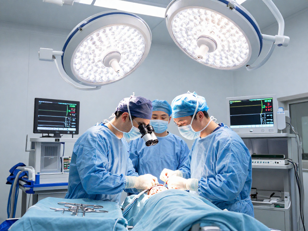 Beyin tümörü ameliyatı performed by a skilled neurosurgeon in a bright hospital operating room.