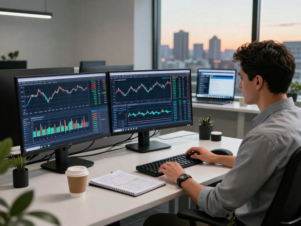 使用MetaTrader 5进行交易分析的交易者在现代办公室内，展现金融科技的专业氛围