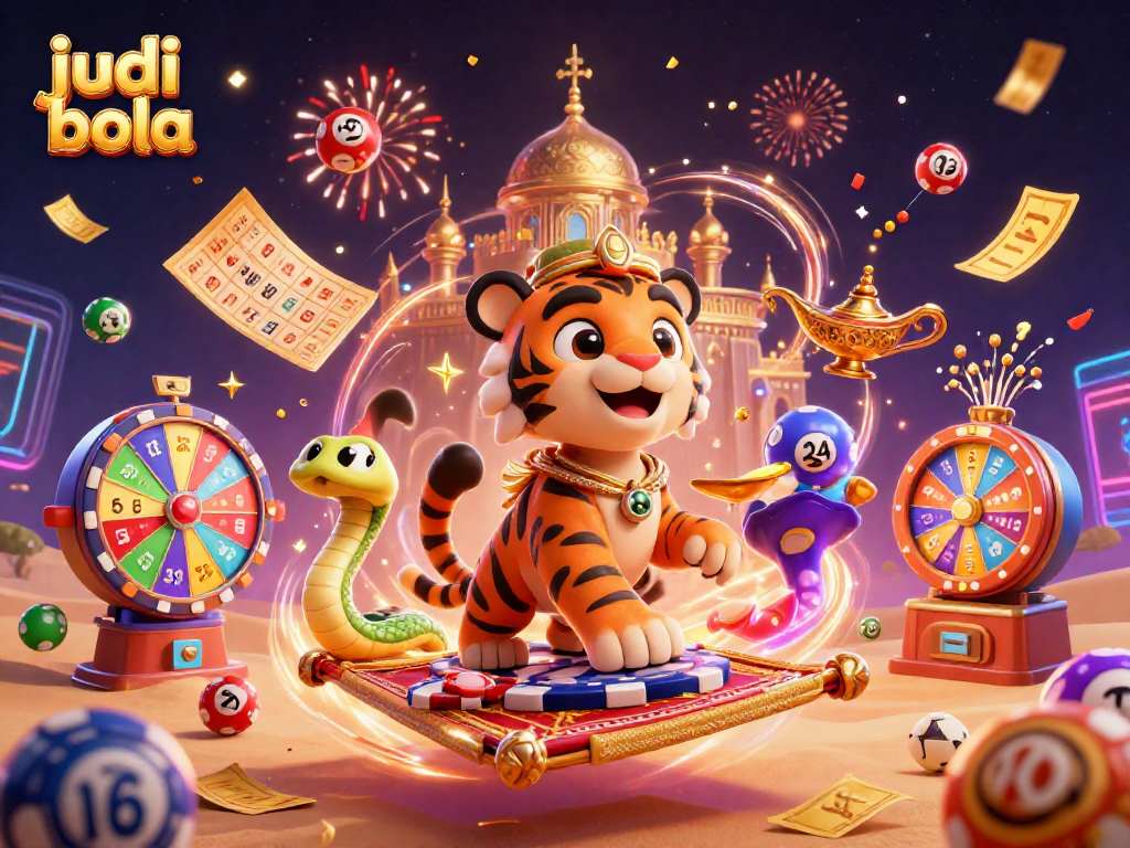 Experience judi bola excitement with a vibrant 3D illustration featuring an Arabian tiger sultan on a carpet of poker chips.