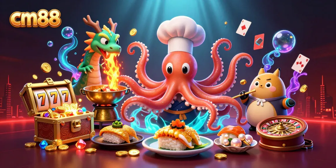Experience the thrill of cm88's dynamic casino scene with vibrant characters and game symbols.