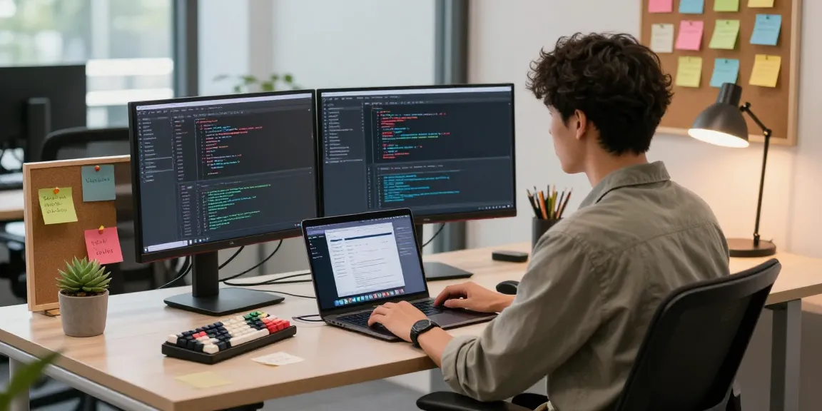 Software developer utilizing NAGA2000 in a vibrant tech workspace with dual monitors and modern decor.