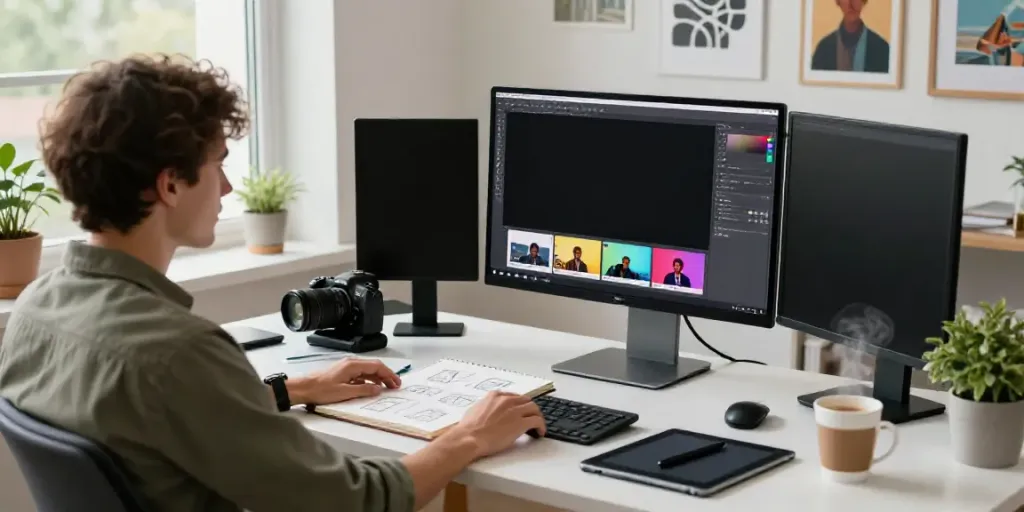 Creating stunning designs with an online AI thumbnail generator in a creative workspace.
