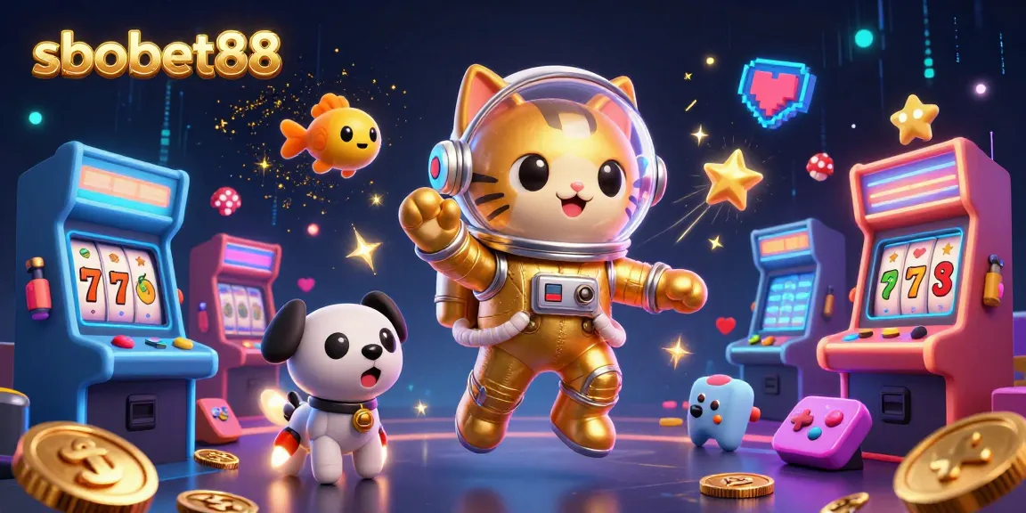 sbobet88 highlights thrilling slot gaming, featuring a playful astronaut cat and vibrant colorful visuals.