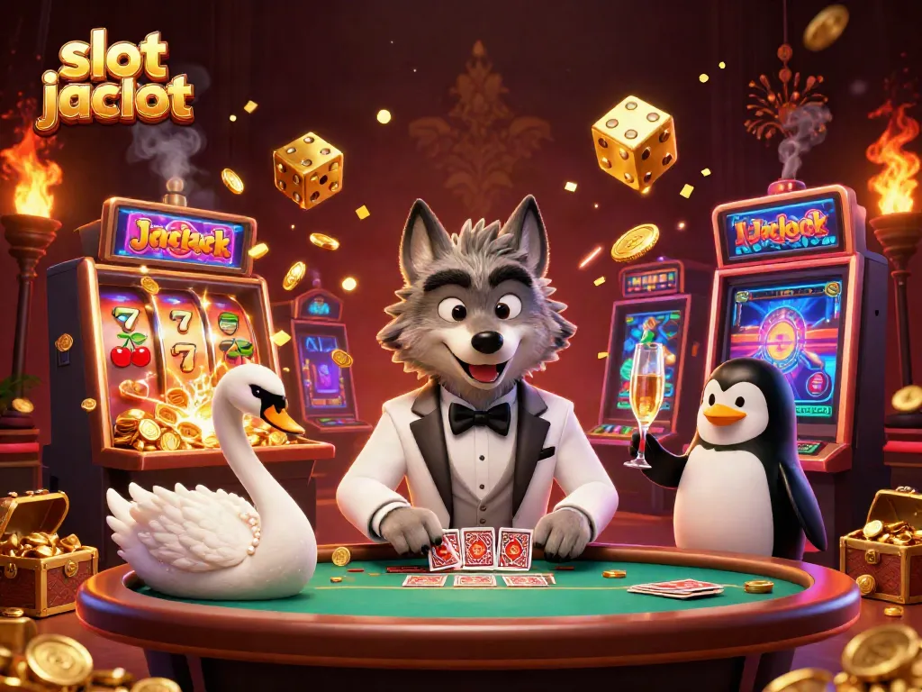 Experience the thrilling slot jackpot excitement with lavish casino characters in a vibrant, dynamic scene.