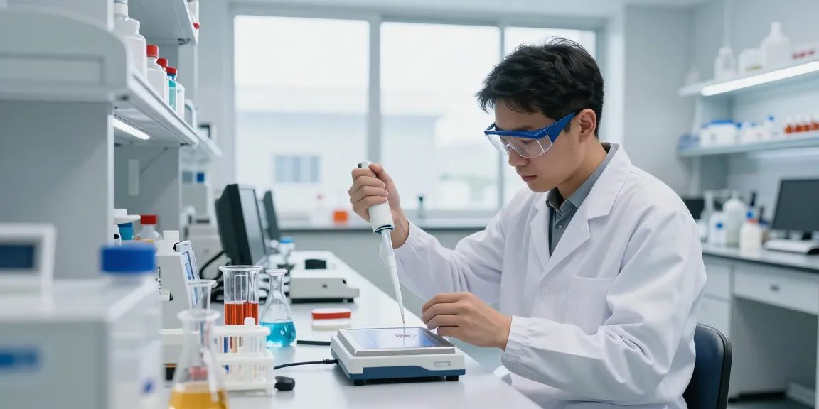 Laboratory equipment supplier demonstrating precision with pipettes and balances in modern lab.