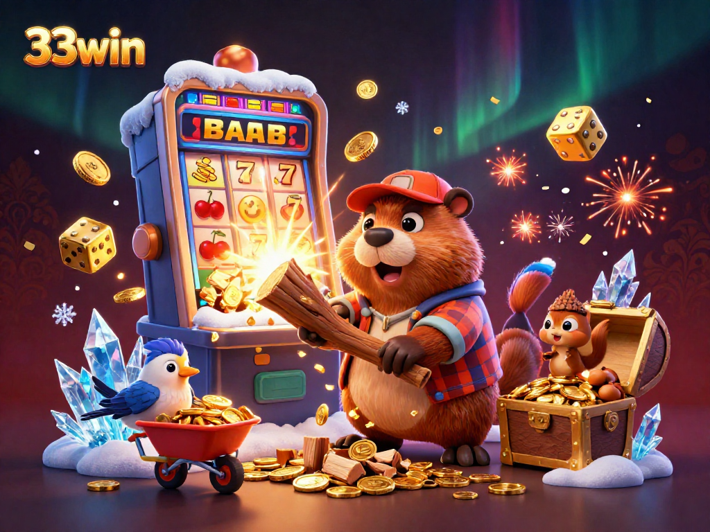 33win reveals vibrant beaver character in a lively casino scene with golden coin rain.