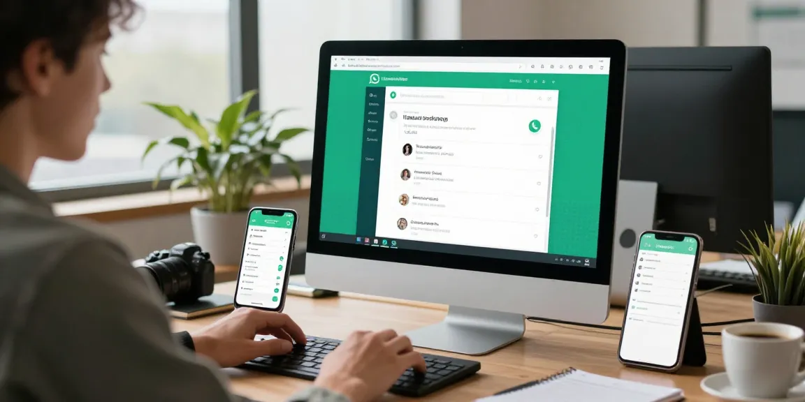 Person using WhatsApp網頁版 on desktop in a modern office.