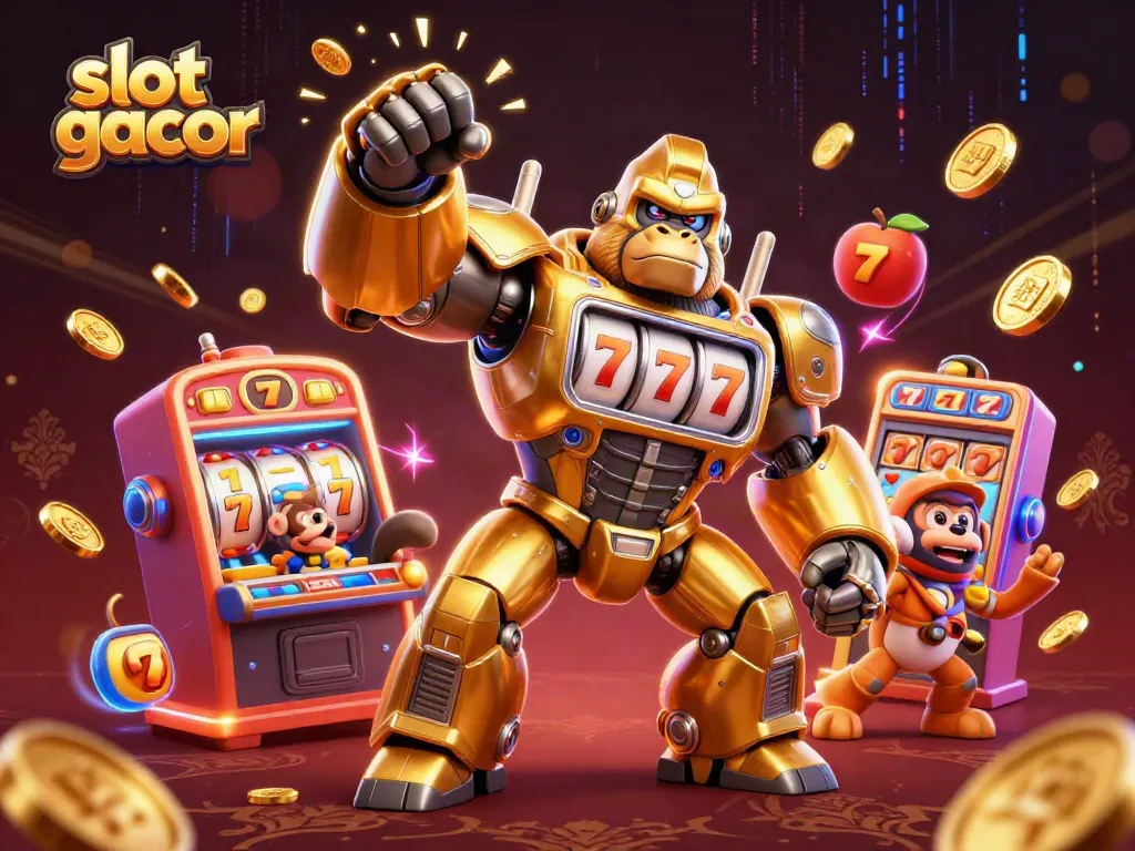 Menangkan slot gacor dengan ilustrasi bertema kasino, gorila emas dan simbol slot berlimpah.
