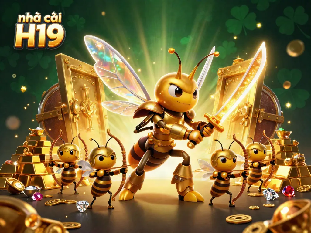 Experience thrilling gameplay with nhà cái H19, featuring a vibrant 3D casino scene with gold and gems.