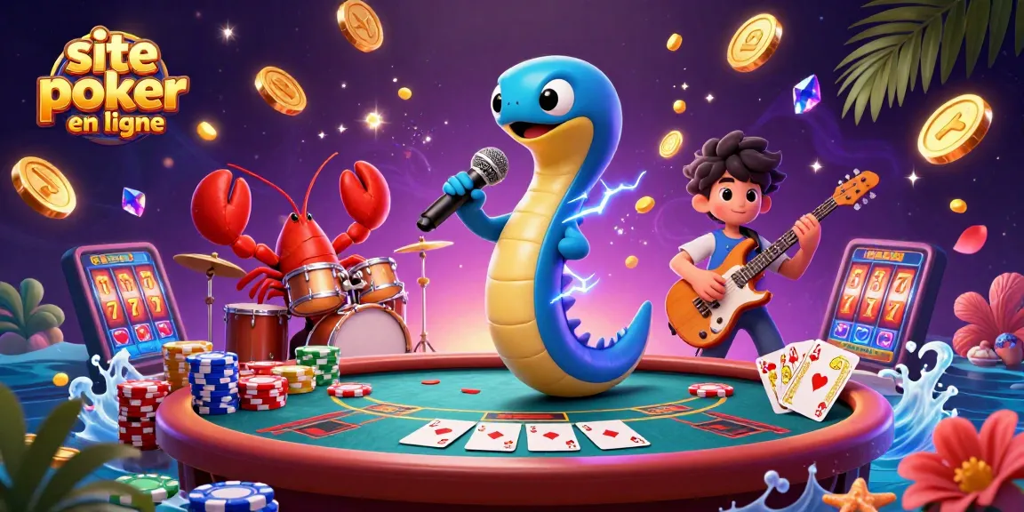 Jouez sur un site poker en ligne avec une scène dynamique et colorée d'un poisson électrique DJ et ses amis.