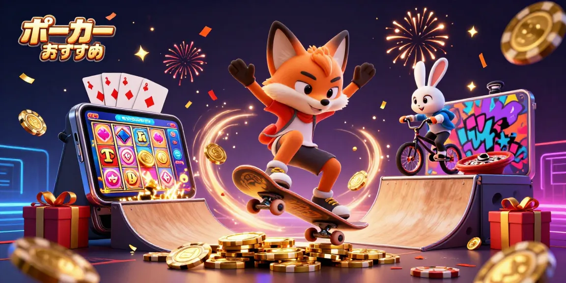 ポーカーアプリおすすめの世界で、キックフリップを決めるスケートボードの狐とともにBMXウサギがトリックをする情景。