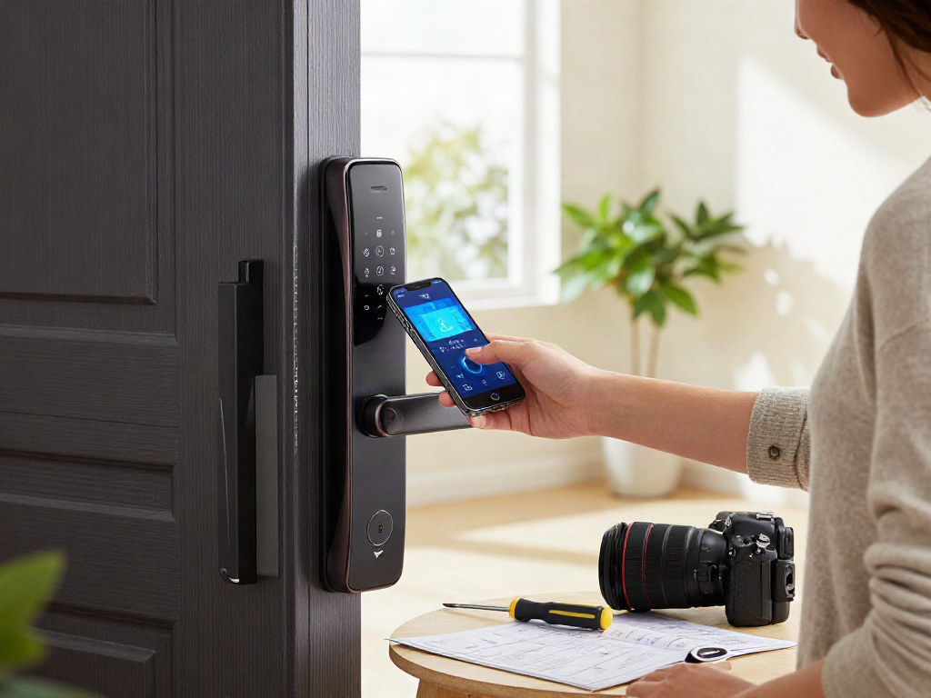 خرید قفل هوشمند installation showing modern lock and smartphone setup
