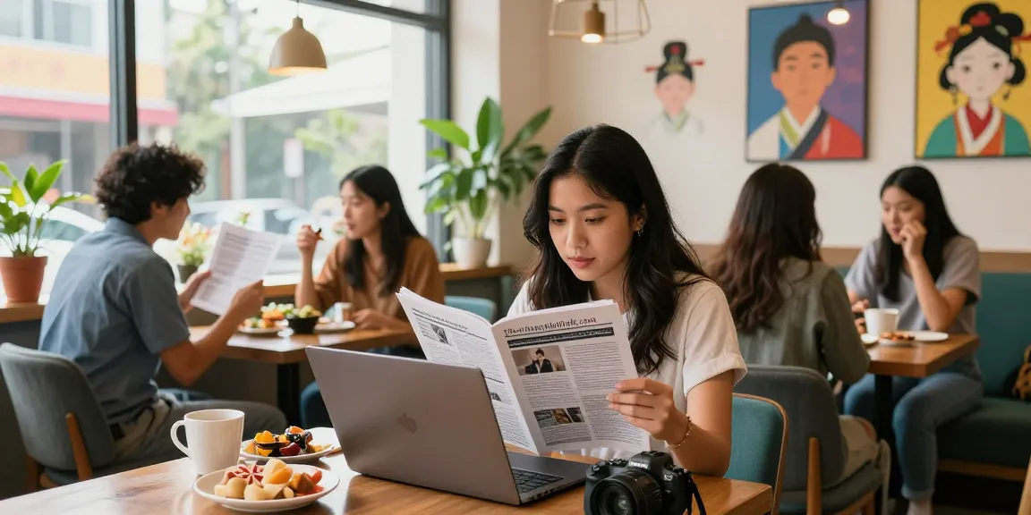 Discover Asian pop culture content on https://hanadultalk.com with friends enjoying a vibrant café atmosphere.