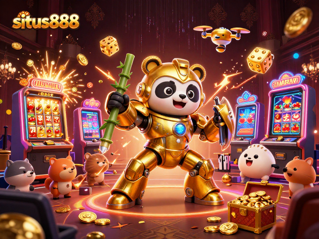 Situs888 features a golden panda mech-suit in a bustling casino scene, celebrating jackpots and game excitement.