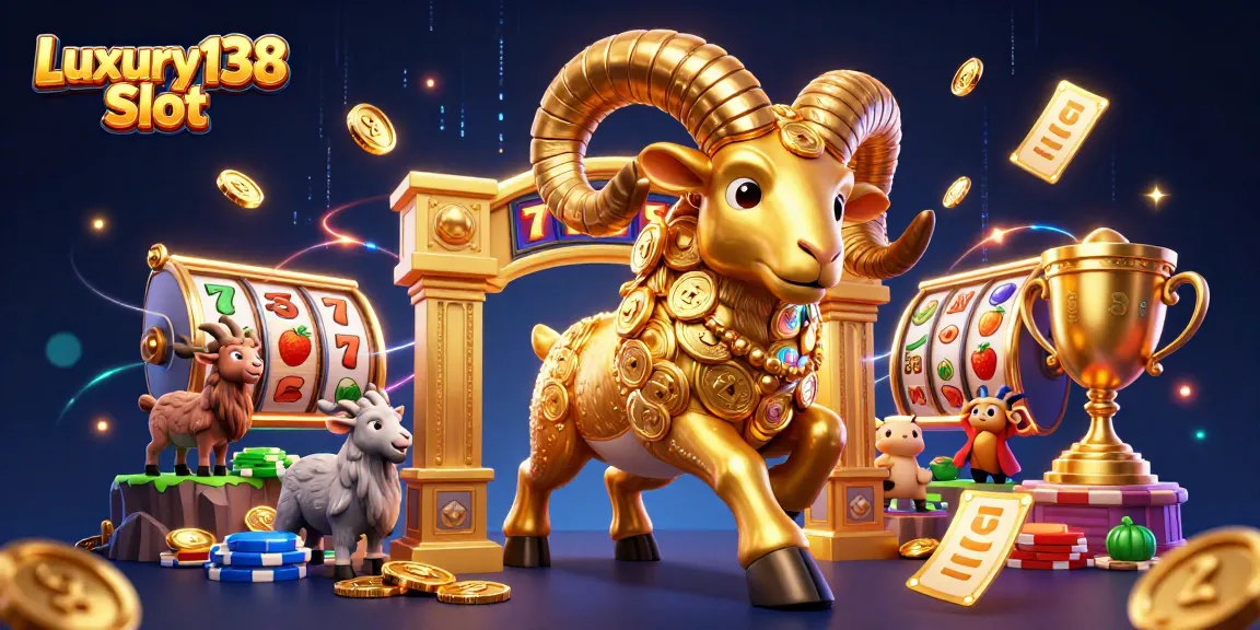 Experience thrilling games with Luxury138 Slot, featuring golden ram characters and vibrant slot symbols.